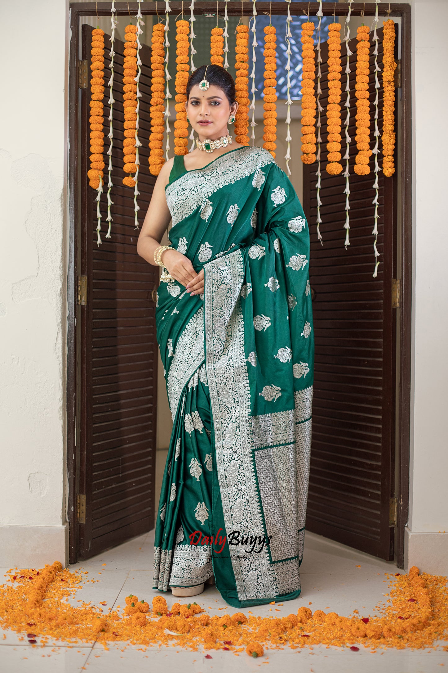 Green Festive Special Zari Work Banarasi Silk Sarees