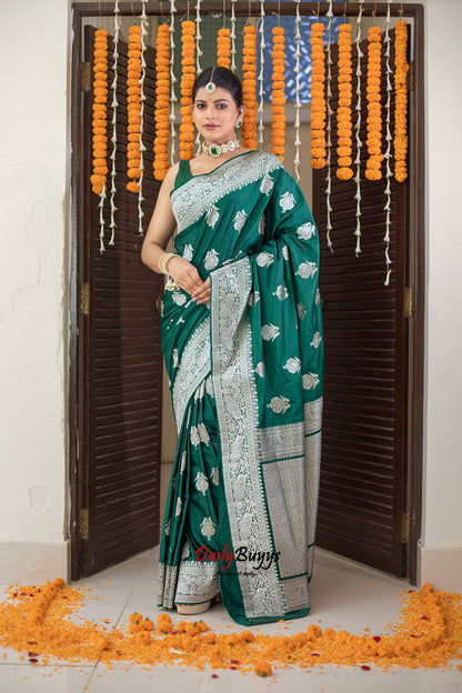 Green Festive Special Zari Work Banarasi Silk Sarees