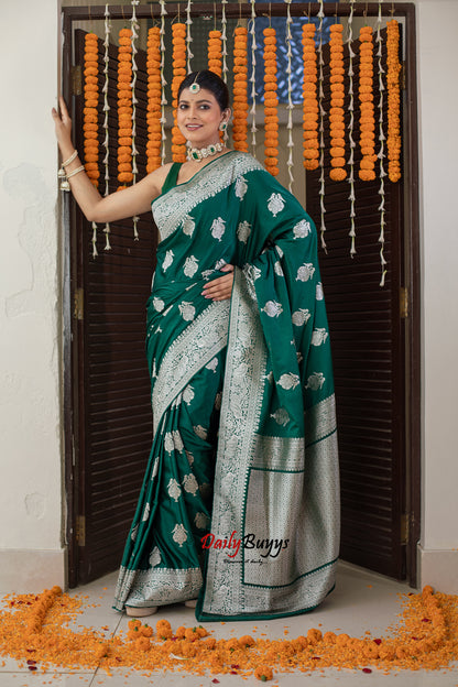 Green Festive Special Zari Work Banarasi Silk Sarees