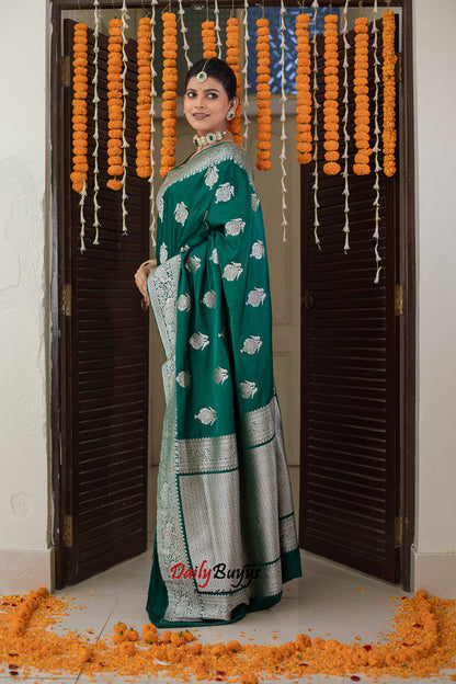Green Festive Special Zari Work Banarasi Silk Sarees