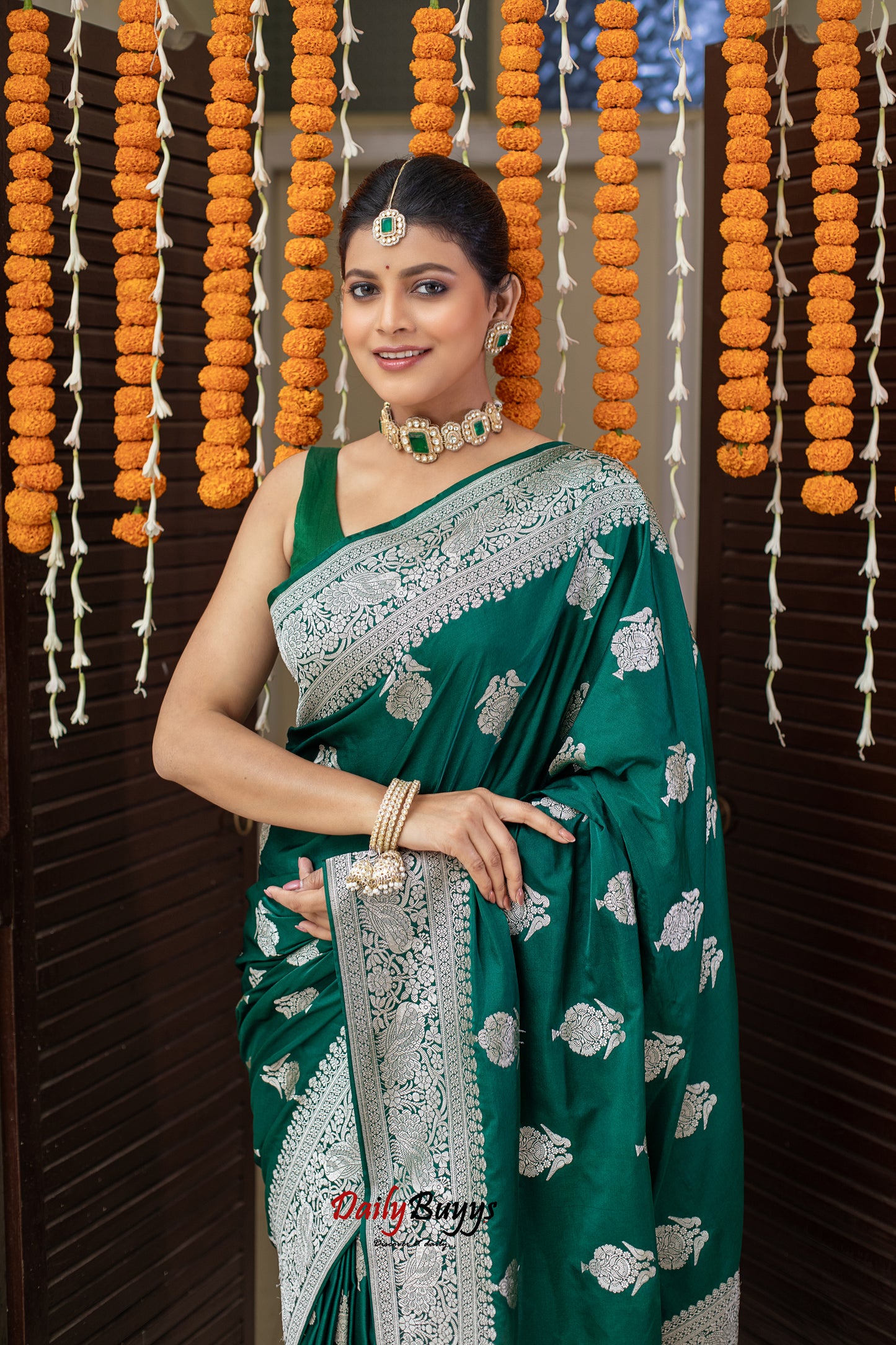 Green Festive Special Zari Work Banarasi Silk Sarees