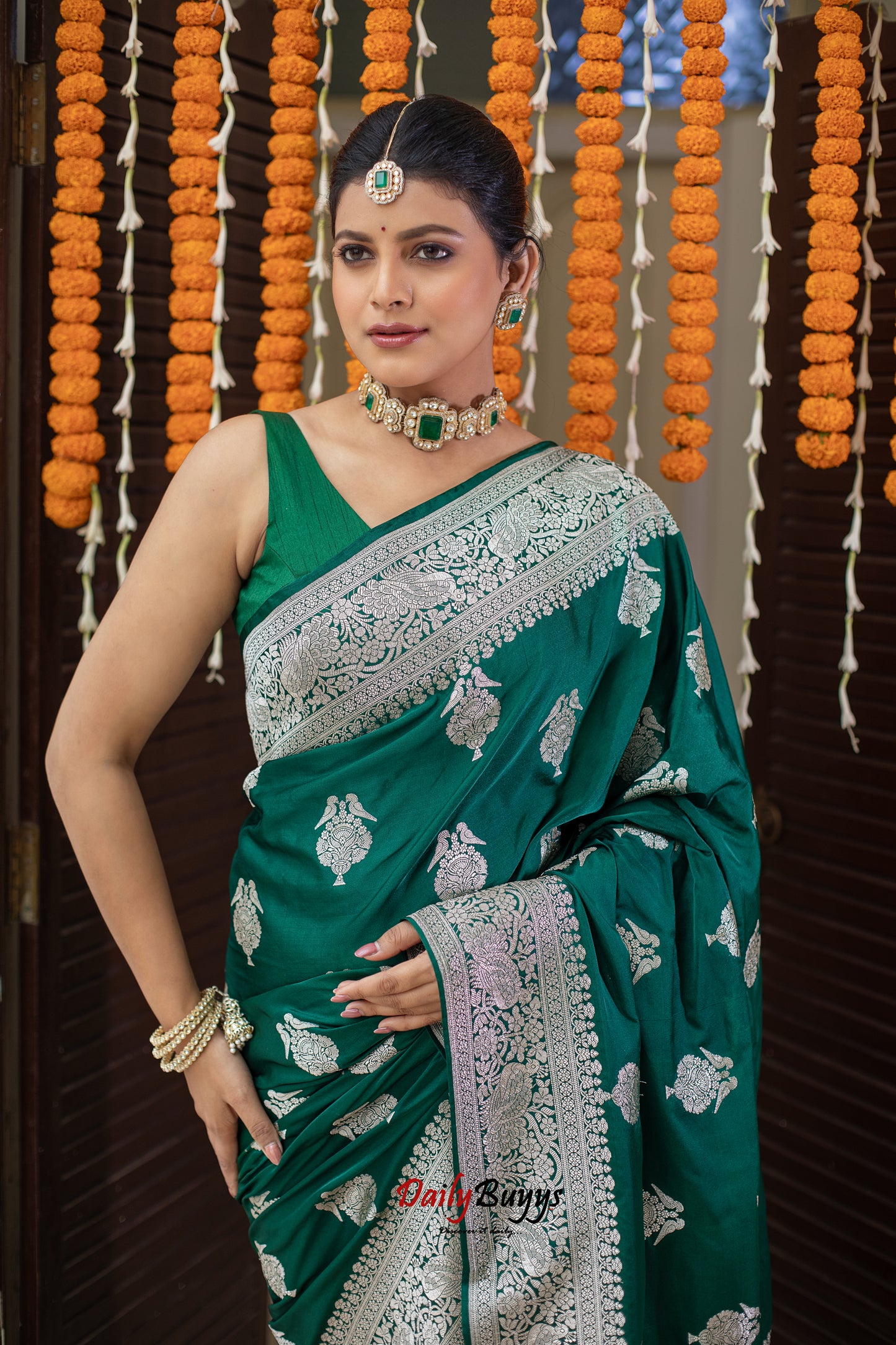 Green Festive Special Zari Work Banarasi Silk Sarees