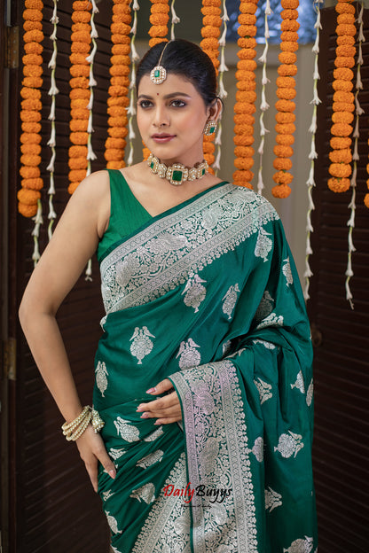 Green Festive Special Zari Work Banarasi Silk Sarees