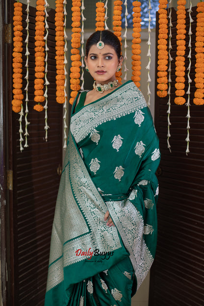 Green Festive Special Zari Work Banarasi Silk Sarees