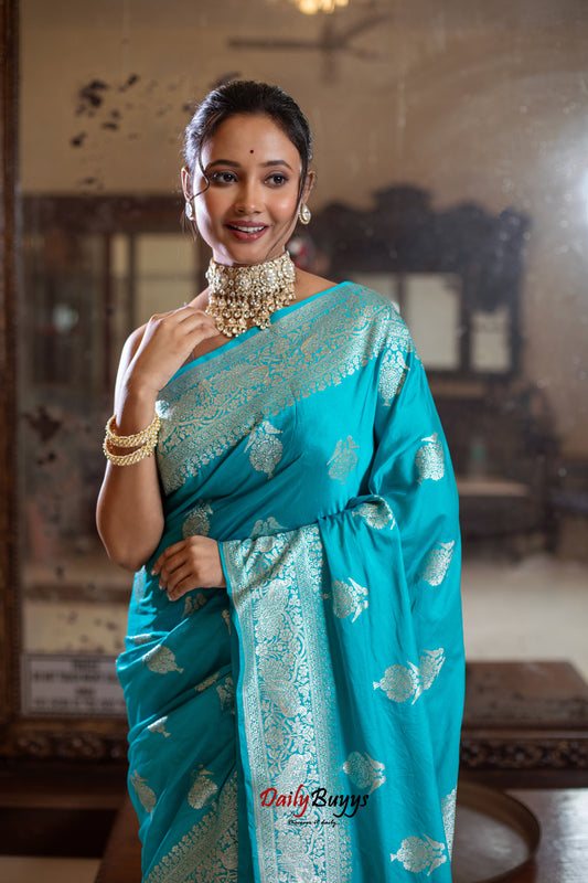 Sky Blue Festive Special Zari Work Banarasi Silk Sarees