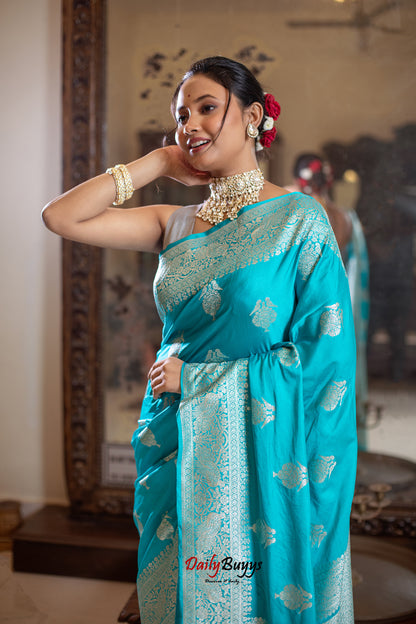 Sky Blue Festive Special Zari Work Banarasi Silk Sarees