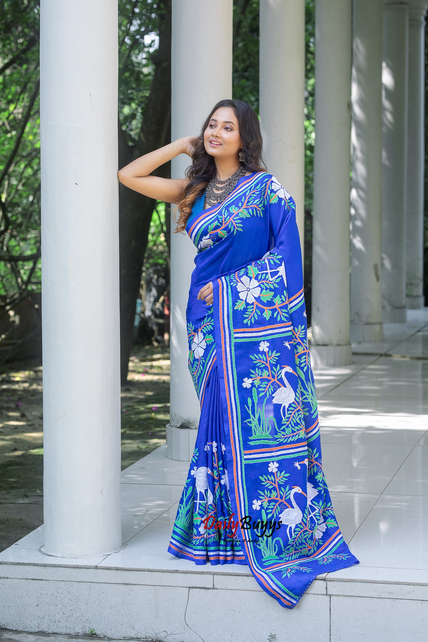 Blue Kantha Stitch Silk Sarees