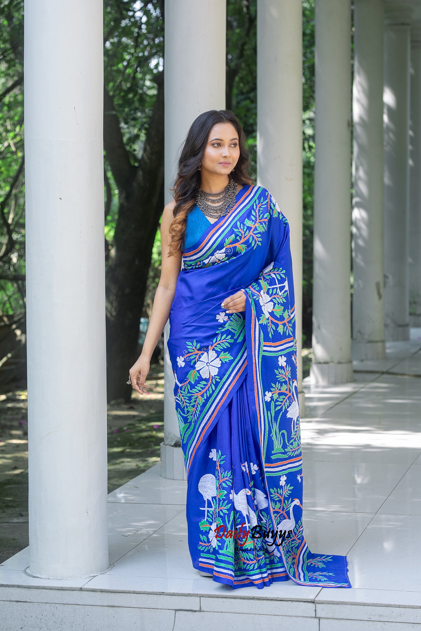 Blue Kantha Stitch Silk Sarees