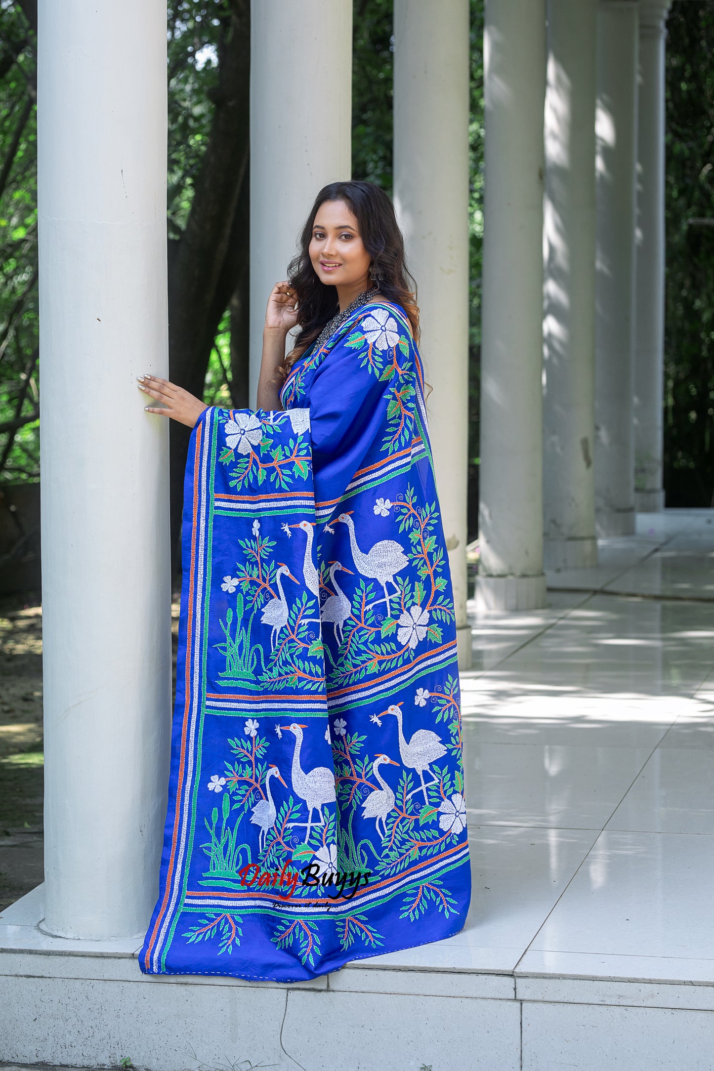 Blue Kantha Stitch Silk Sarees