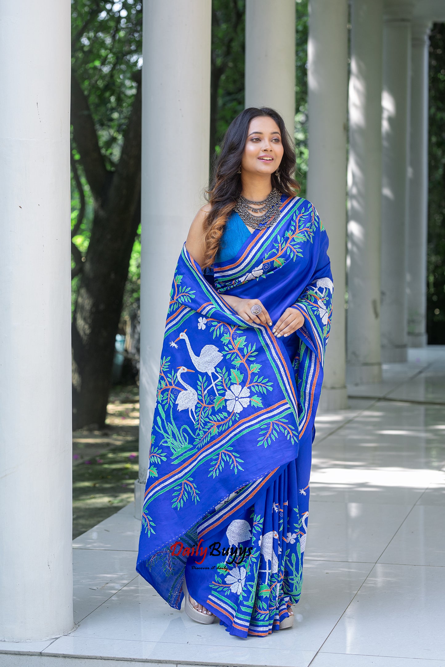 Blue Kantha Stitch Silk Sarees