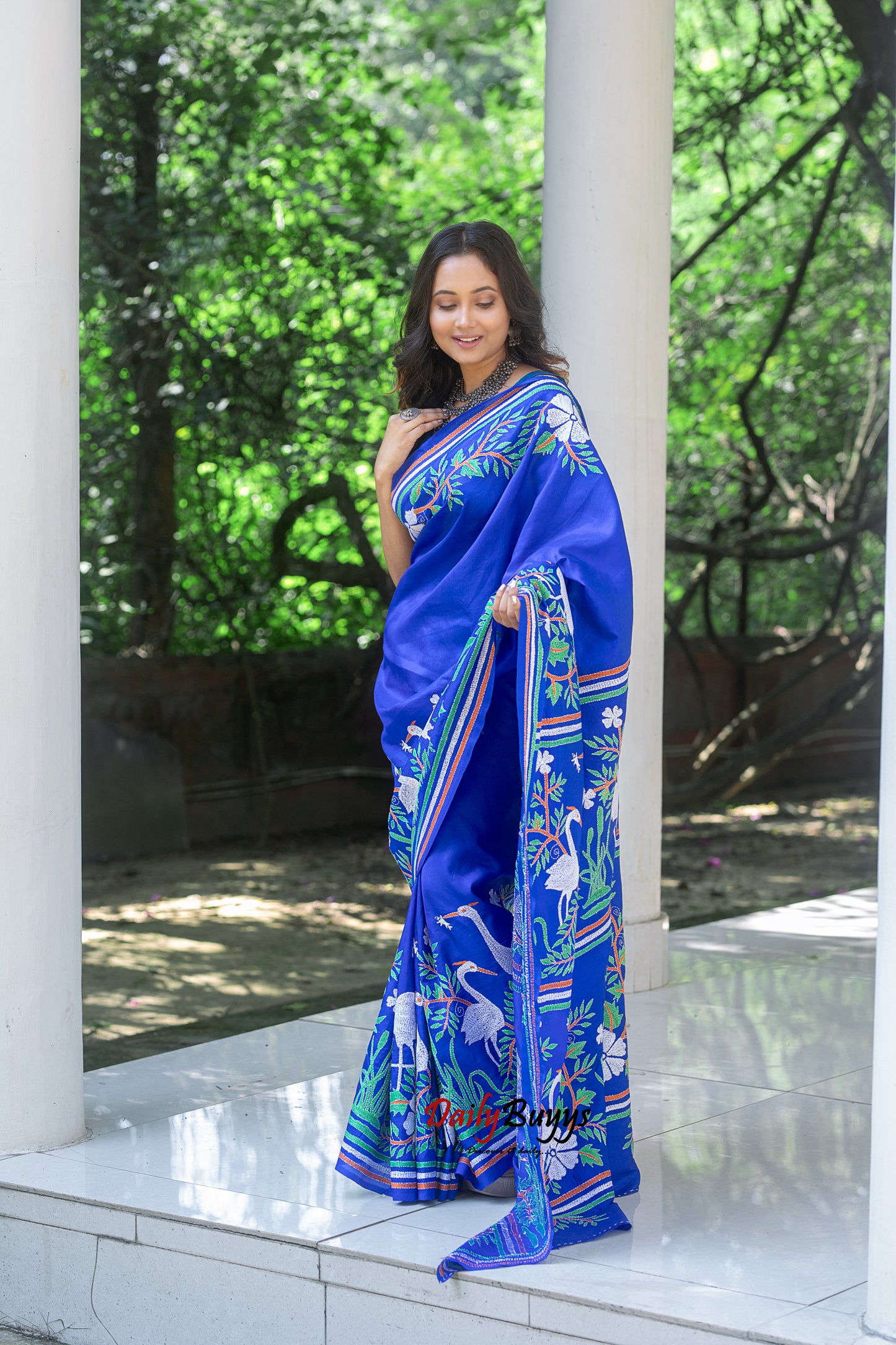 Blue Kantha Stitch Silk Sarees