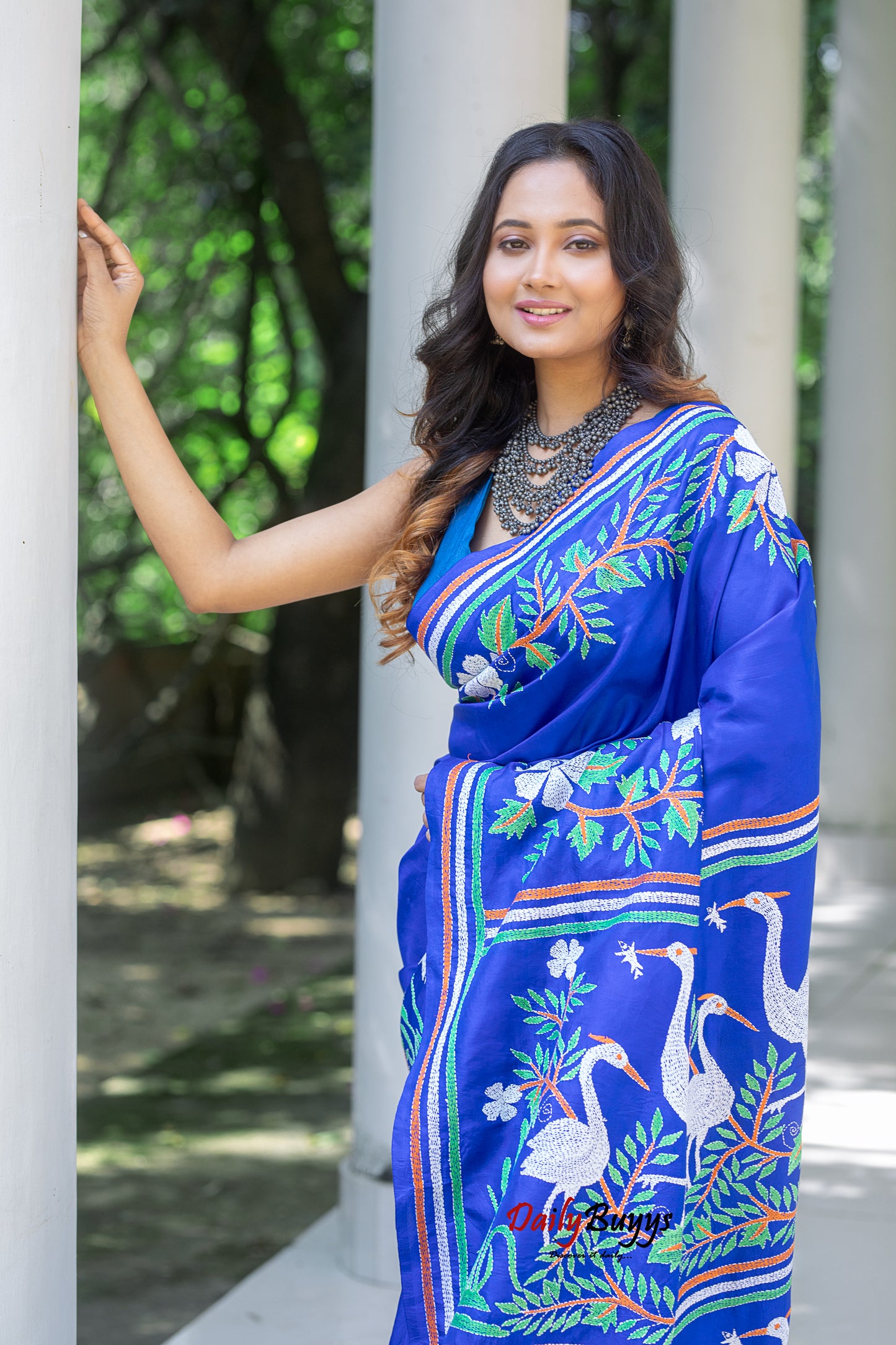 Blue Kantha Stitch Silk Sarees