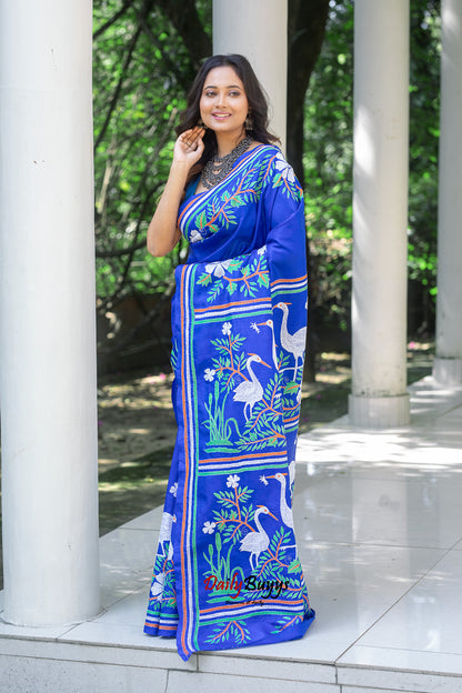 Blue Kantha Stitch Silk Sarees