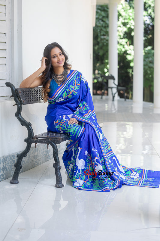 Blue Kantha Stitch Silk Sarees