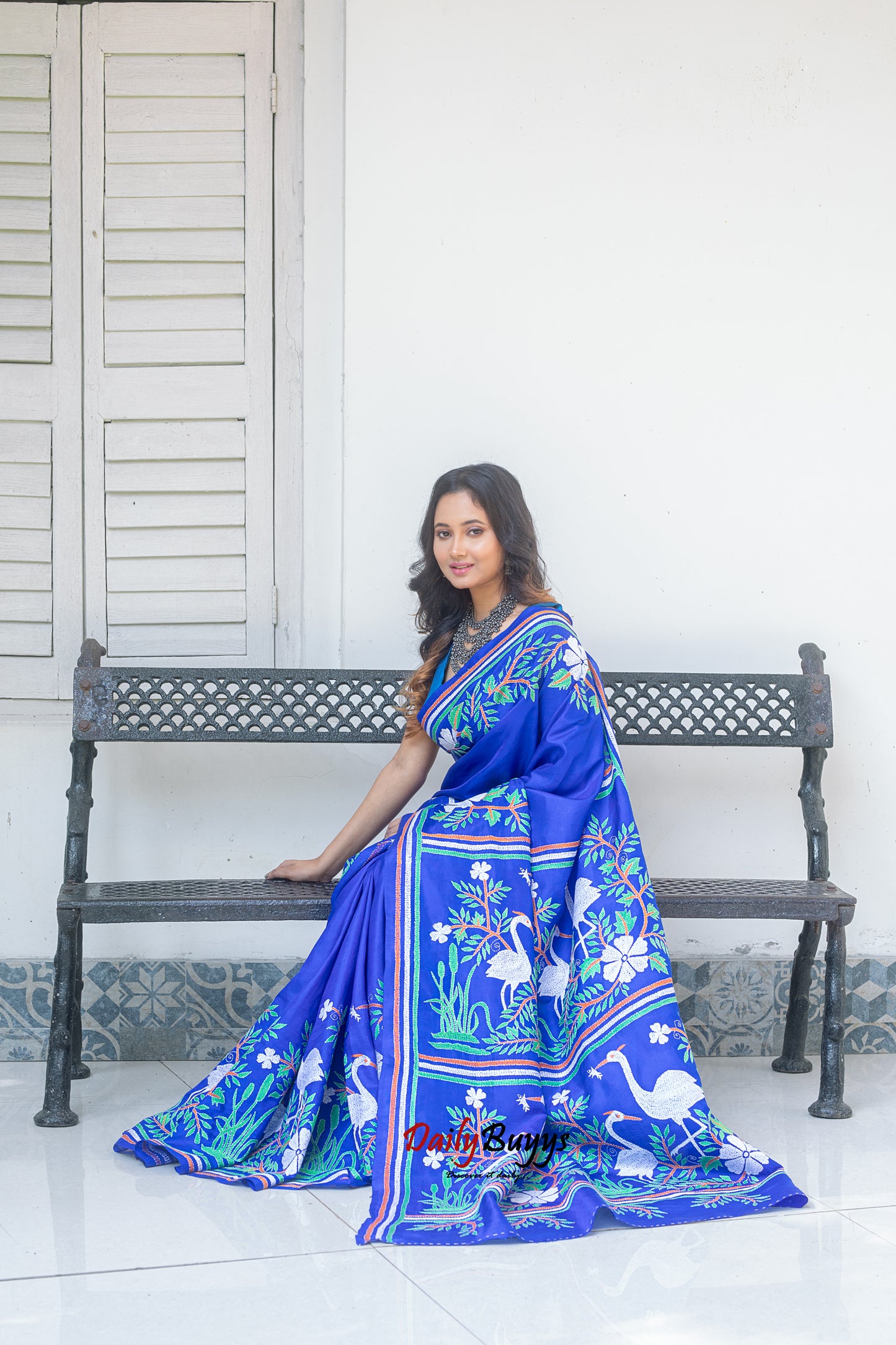 Blue Kantha Stitch Silk Sarees