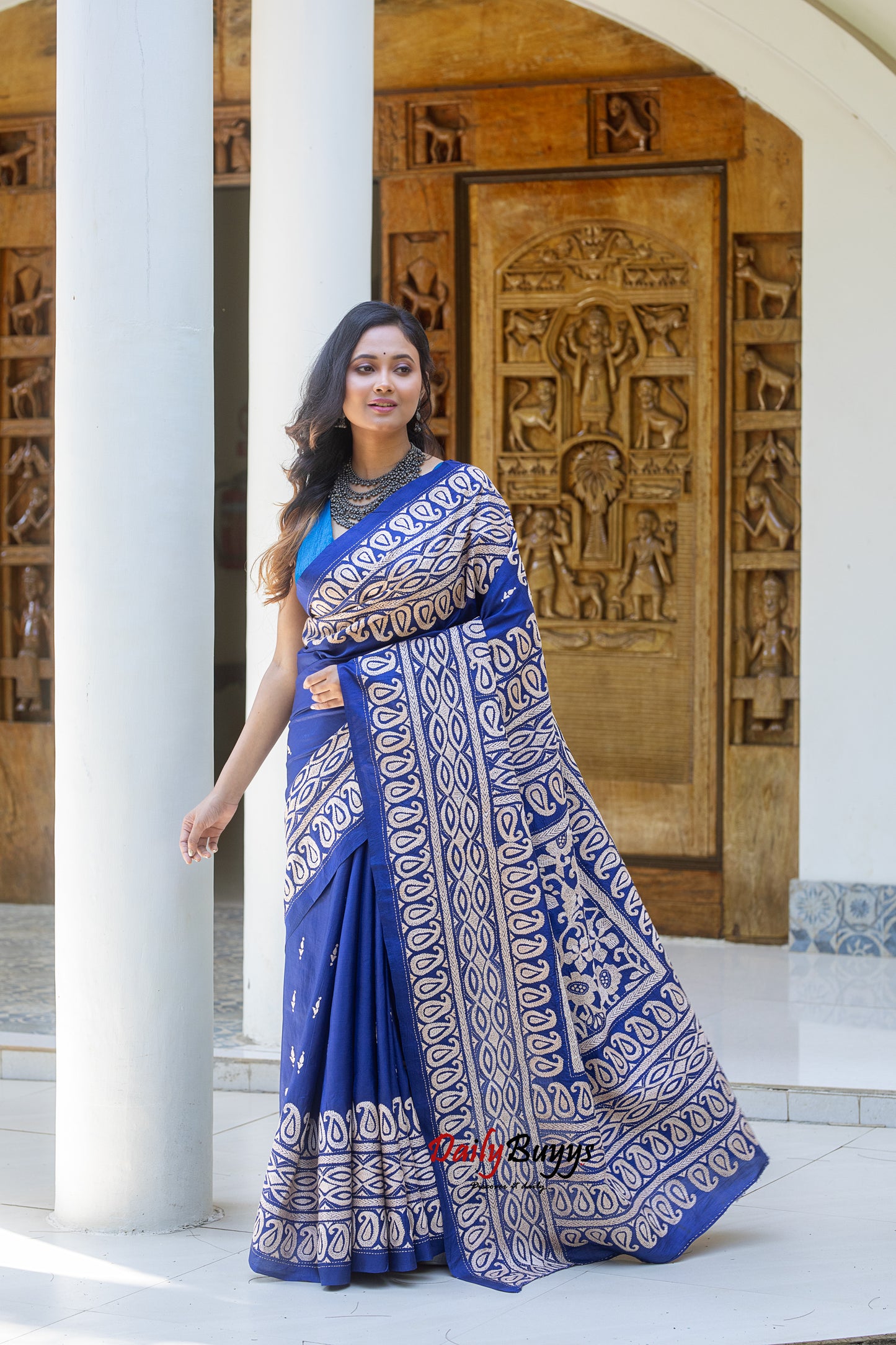 Blue Kantha Stitch Silk Sarees
