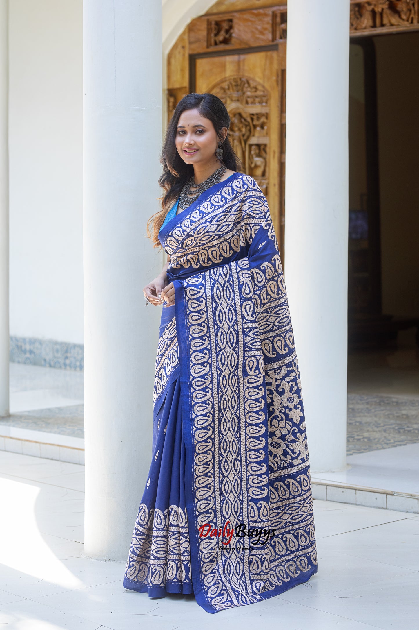 Blue Kantha Stitch Silk Sarees