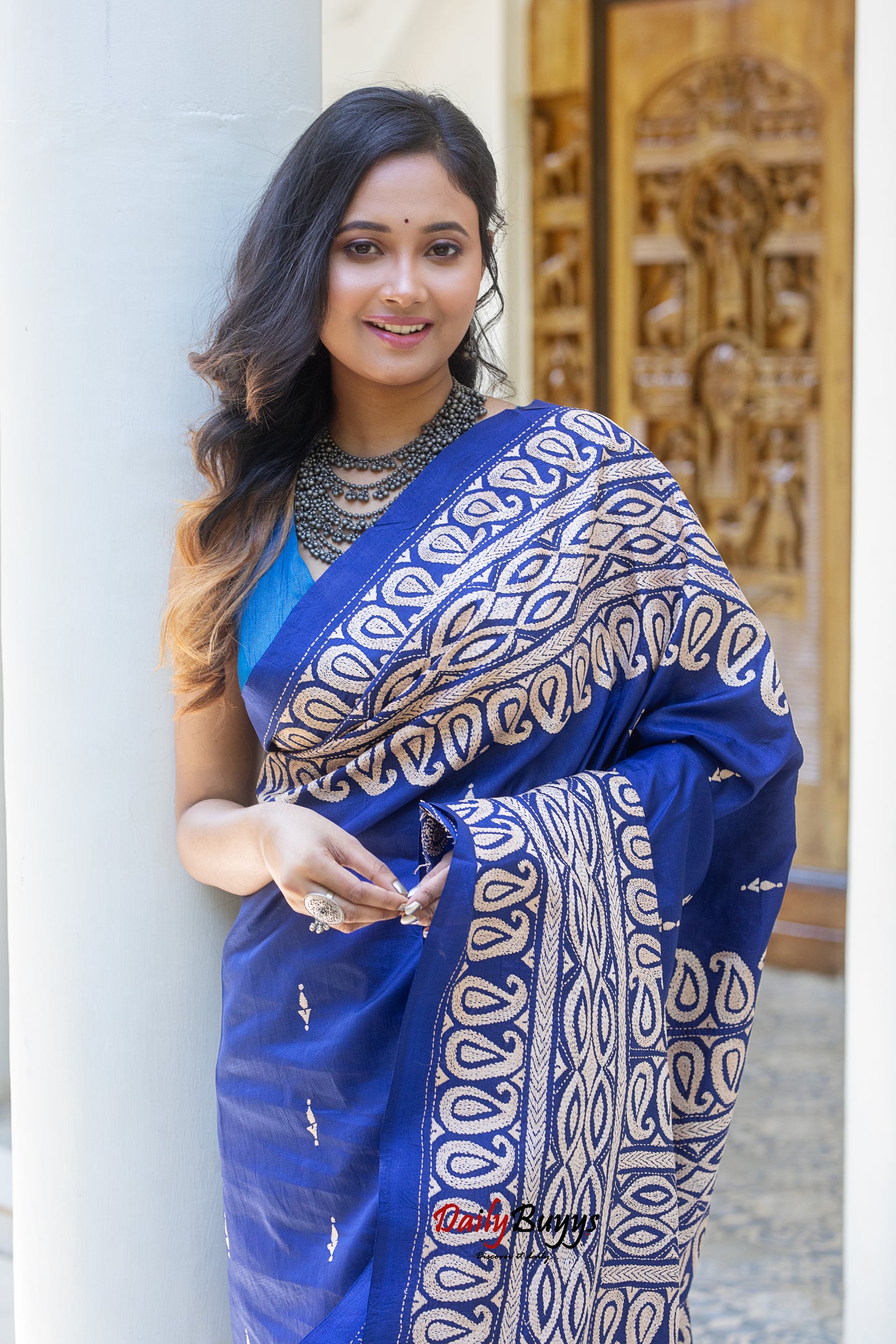 Blue Kantha Stitch Silk Sarees