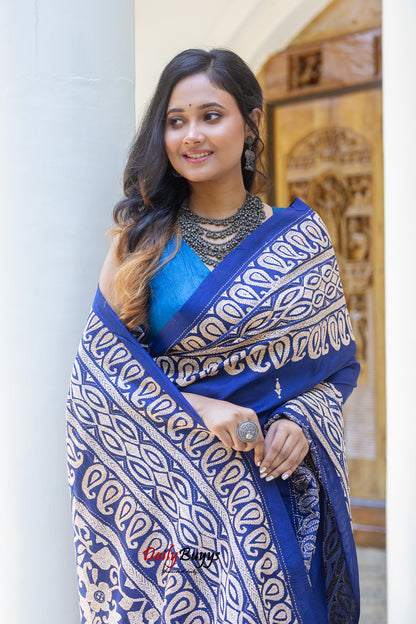 Blue Kantha Stitch Silk Sarees