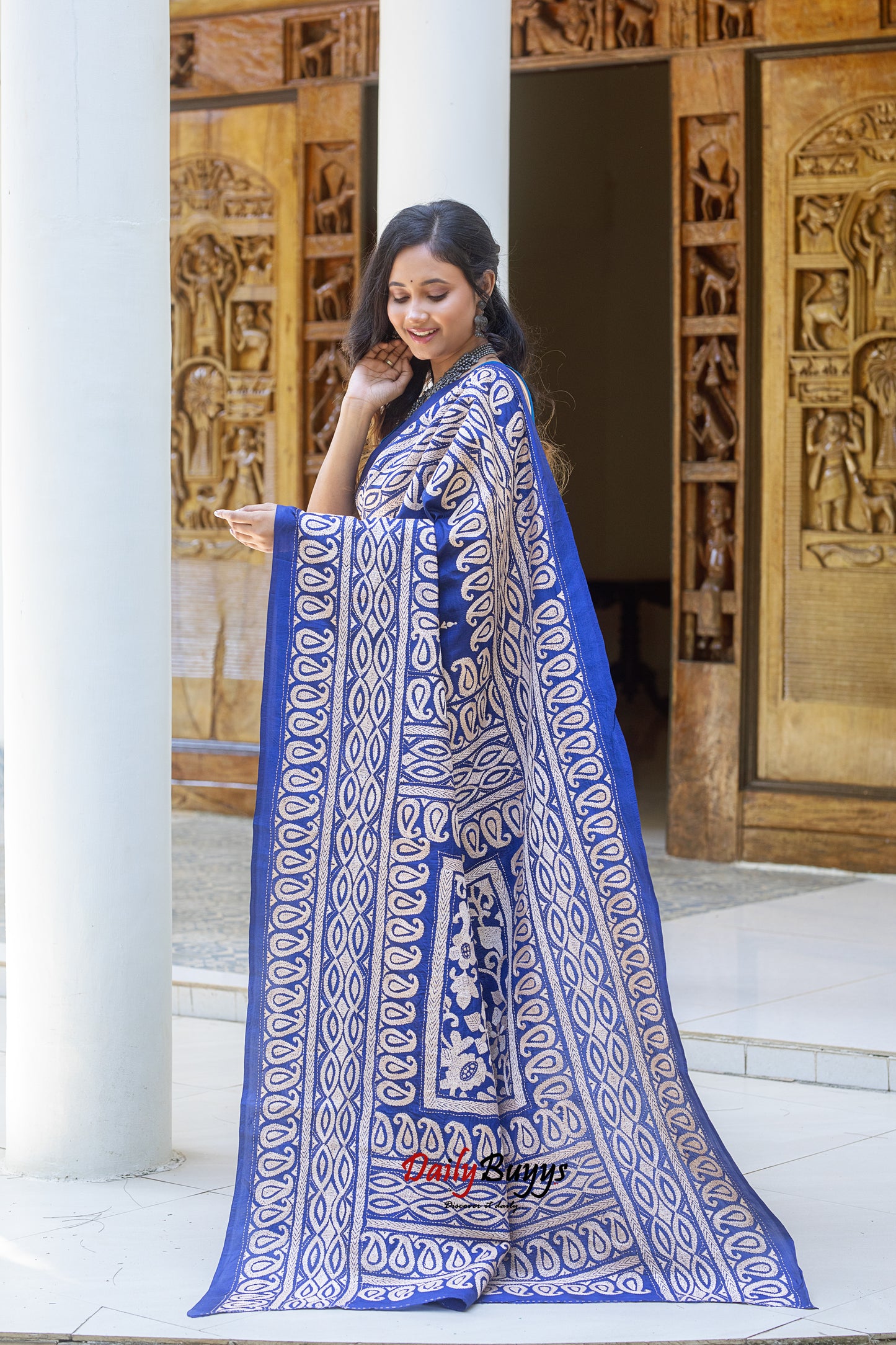 Blue Kantha Stitch Silk Sarees