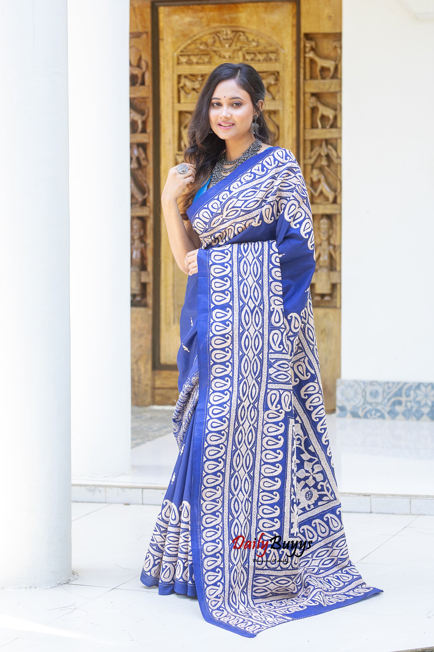 Blue Kantha Stitch Silk Sarees