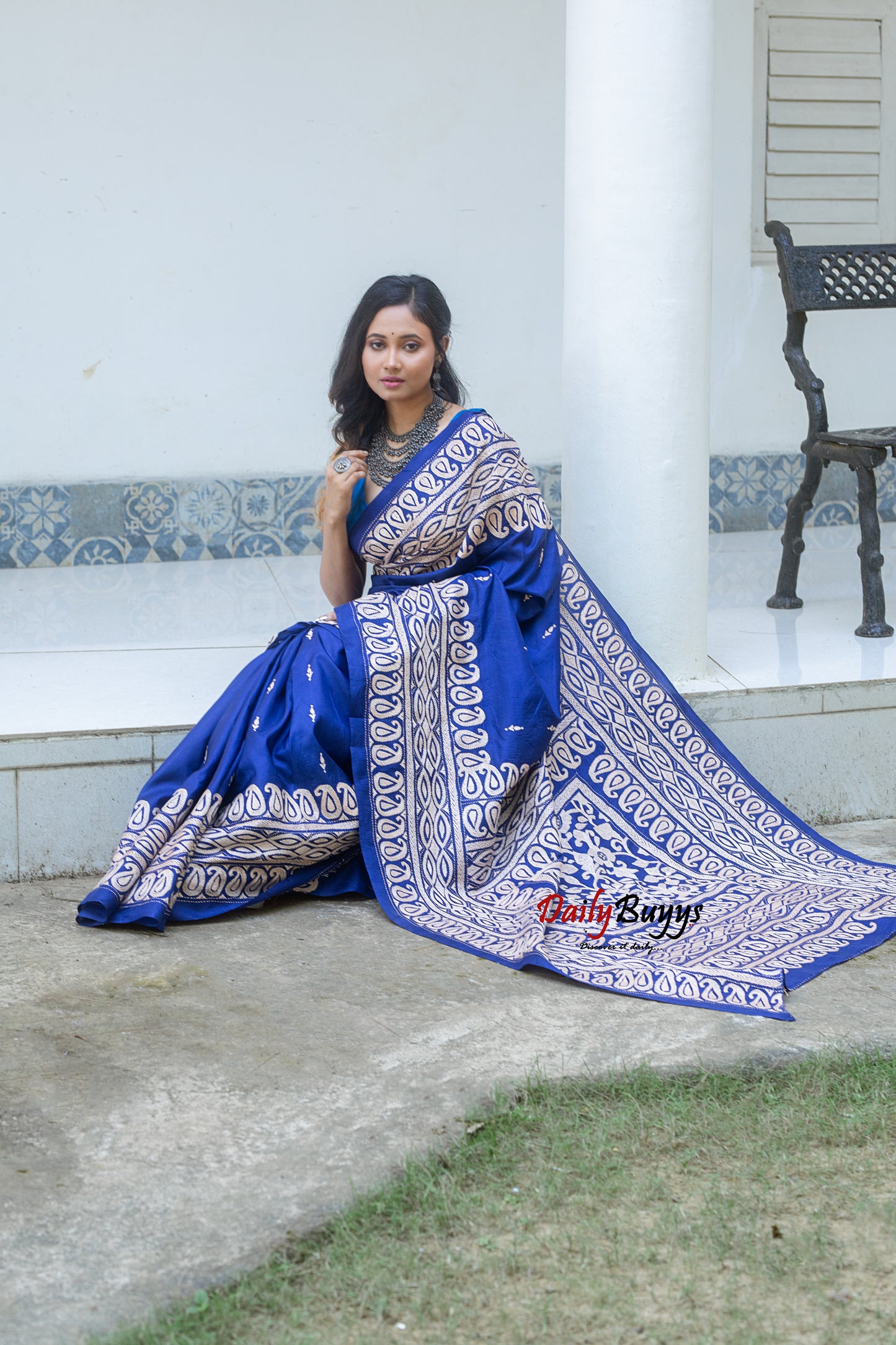 Blue Kantha Stitch Silk Sarees