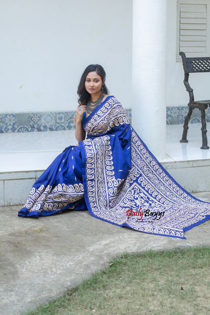 Blue Kantha Stitch Silk Sarees