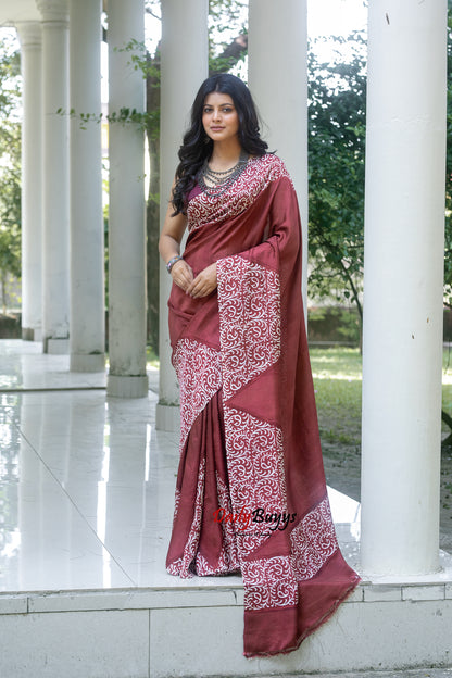 Brown Block Printed Painted Silk Mark Certified Bishnupuri Silk Sarees