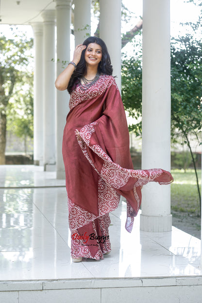 Brown Block Printed Painted Silk Mark Certified Bishnupuri Silk Sarees
