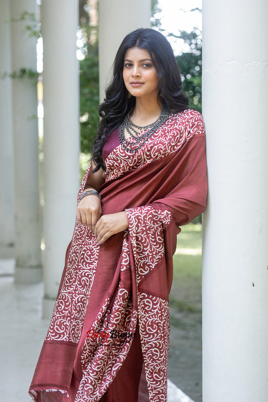 Brown Block Printed Painted Silk Mark Certified Bishnupuri Silk Sarees