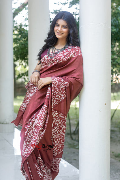 Brown Block Printed Painted Silk Mark Certified Bishnupuri Silk Sarees