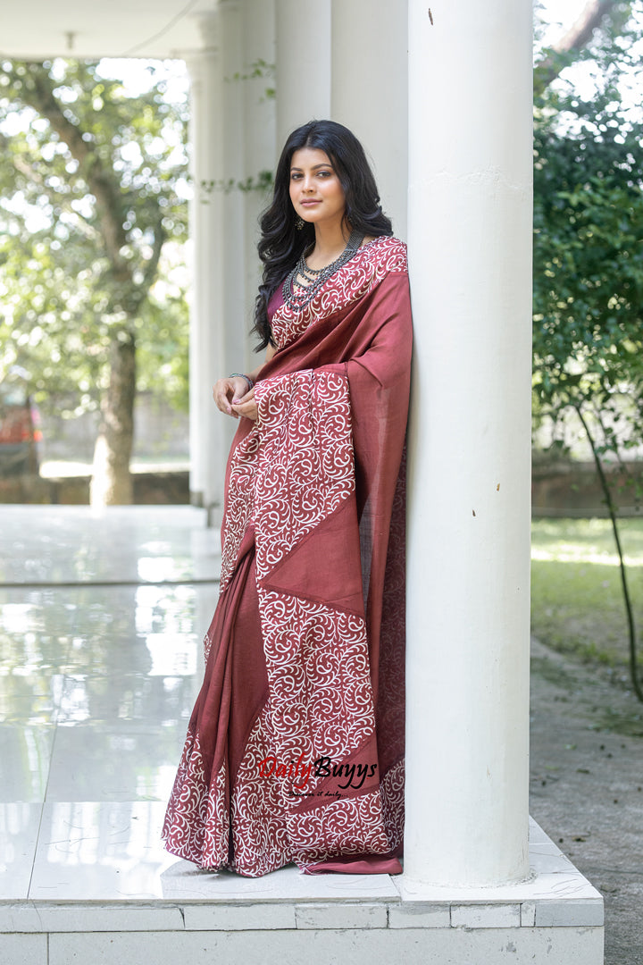 Brown Block Printed Painted Silk Mark Certified Bishnupuri Silk Sarees