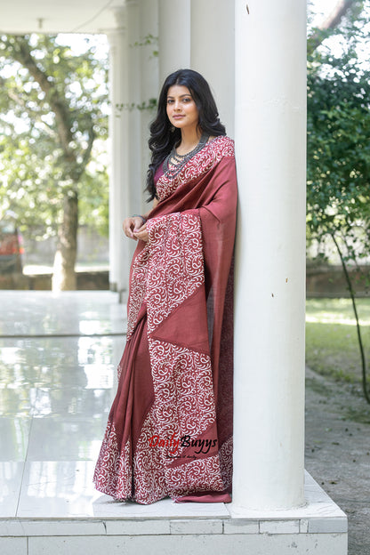 Brown Block Printed Painted Silk Mark Certified Bishnupuri Silk Sarees