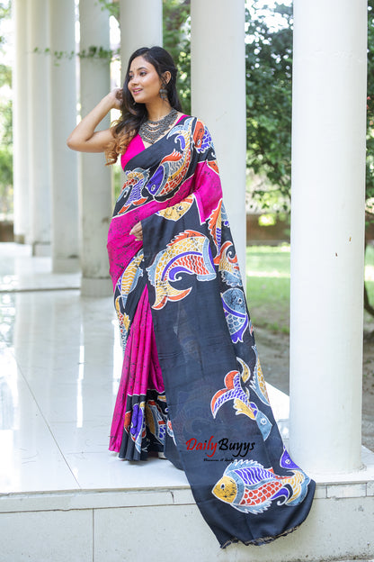 Pink Wax Crack Batik Block Printed Painted Silk Mark Certified Bishnupuri Silk Sarees