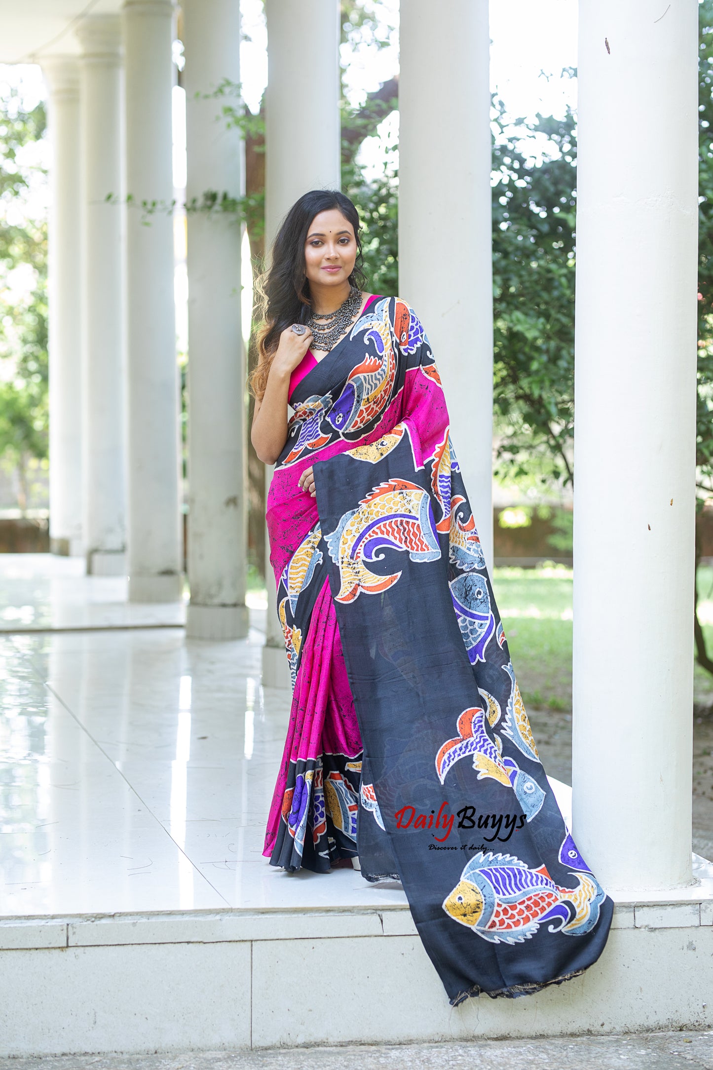 Pink Wax Crack Batik Block Printed Painted Silk Mark Certified Bishnupuri Silk Sarees