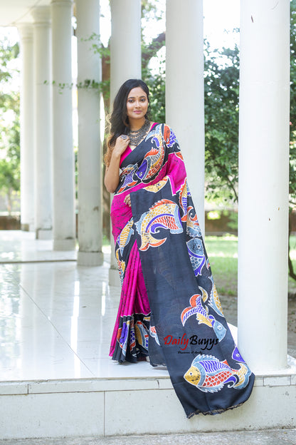 Pink Wax Crack Batik Block Printed Painted Silk Mark Certified Bishnupuri Silk Sarees