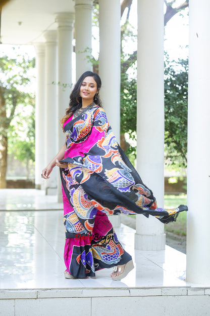 Pink Wax Crack Batik Block Printed Painted Silk Mark Certified Bishnupuri Silk Sarees