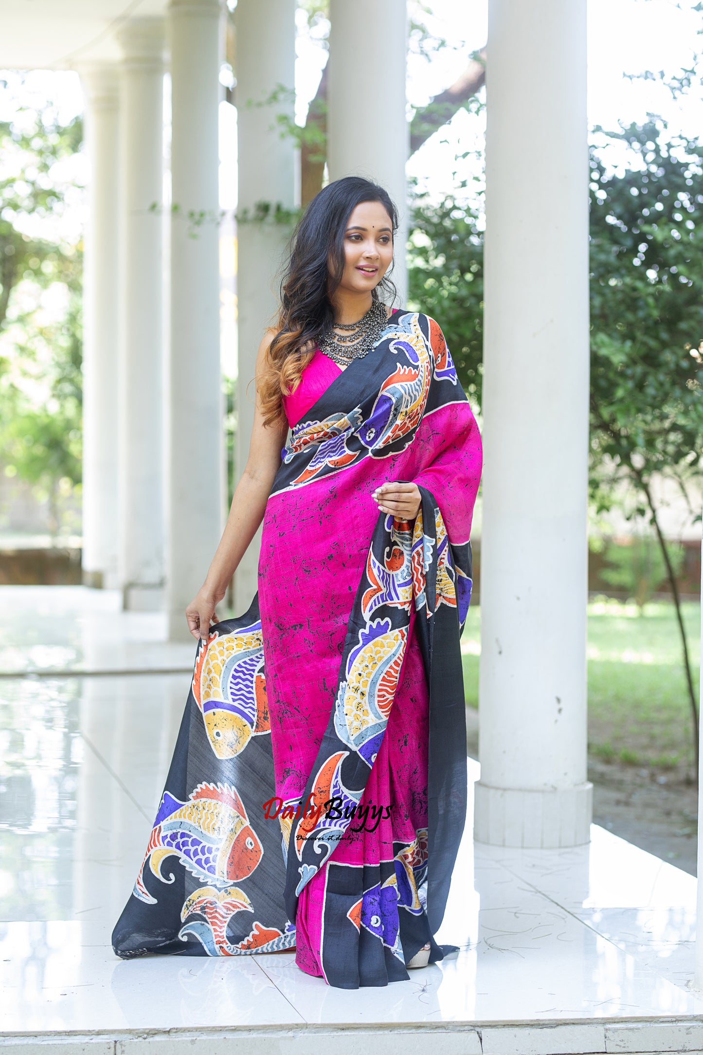 Pink Wax Crack Batik Block Printed Painted Silk Mark Certified Bishnupuri Silk Sarees