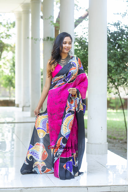 Pink Wax Crack Batik Block Printed Painted Silk Mark Certified Bishnupuri Silk Sarees