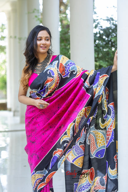 Pink Wax Crack Batik Block Printed Painted Silk Mark Certified Bishnupuri Silk Sarees