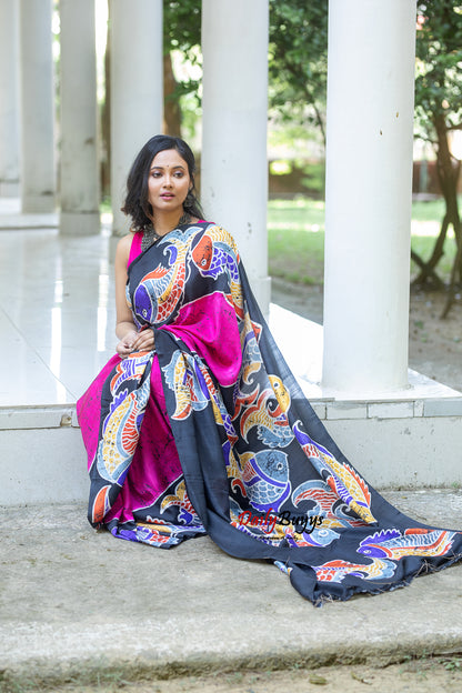 Pink Wax Crack Batik Block Printed Painted Silk Mark Certified Bishnupuri Silk Sarees