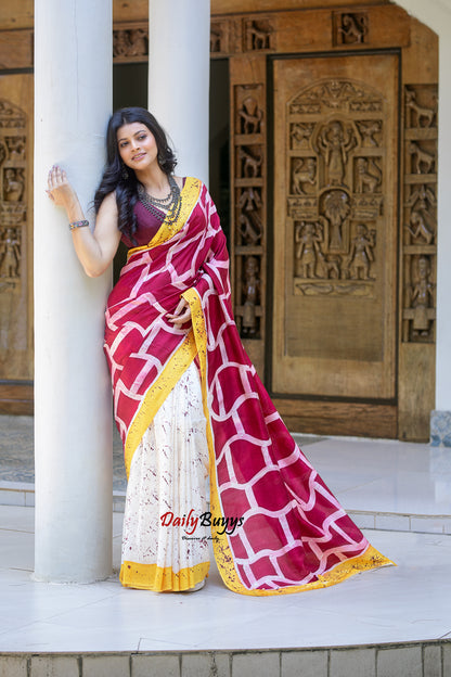 Red Wax Batik Block Printed Painted  Silk Mark Certified Bishnupuri Silk Sarees