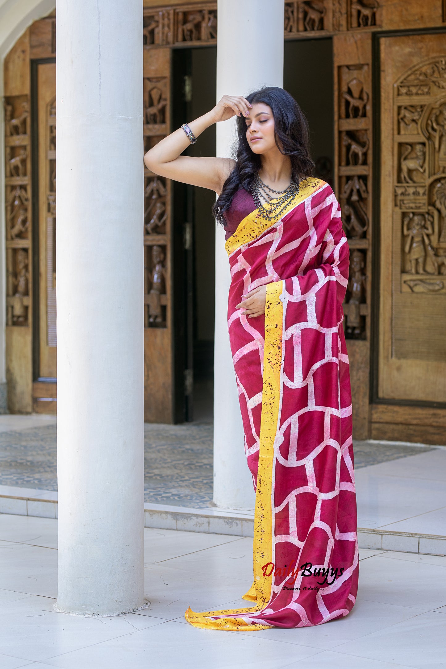 Red Wax Batik Block Printed Painted  Silk Mark Certified Bishnupuri Silk Sarees