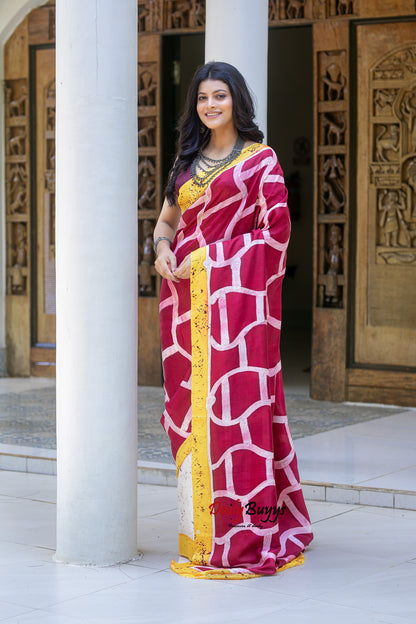 Red Wax Batik Block Printed Painted  Silk Mark Certified Bishnupuri Silk Sarees