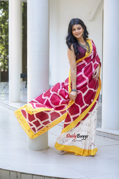 Red Wax Batik Block Printed Painted  Silk Mark Certified Bishnupuri Silk Sarees