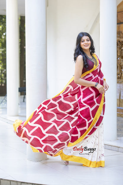 Red Wax Batik Block Printed Painted  Silk Mark Certified Bishnupuri Silk Sarees