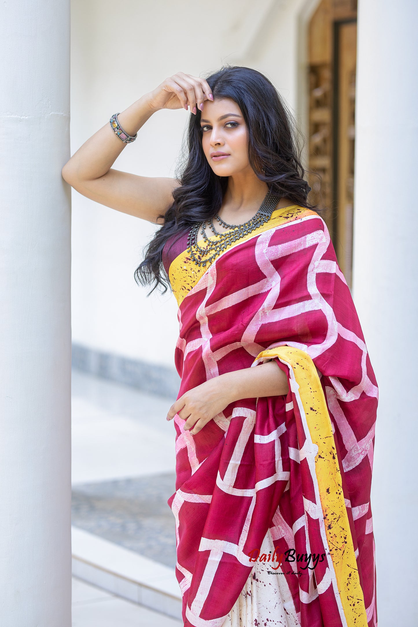Red Wax Batik Block Printed Painted  Silk Mark Certified Bishnupuri Silk Sarees