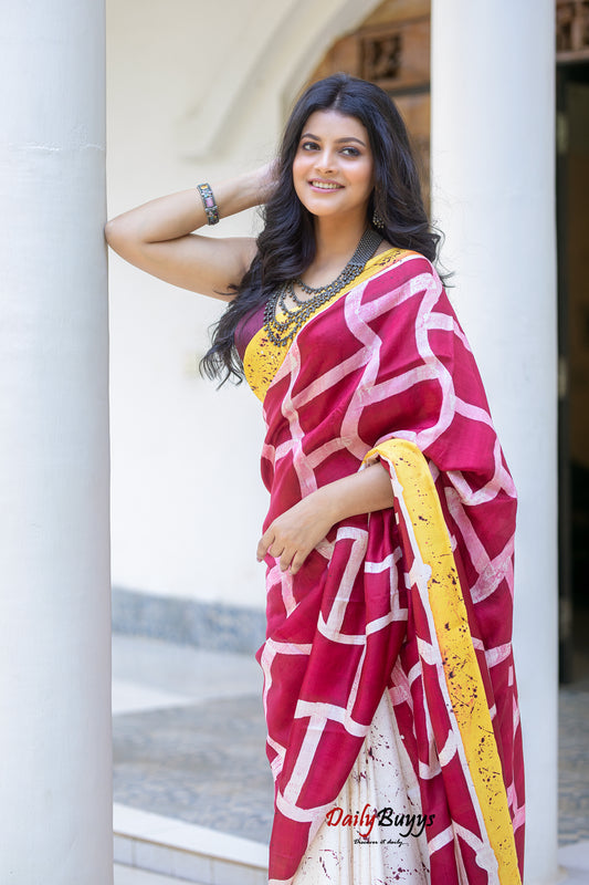 Red Wax Batik Block Printed Painted  Silk Mark Certified Bishnupuri Silk Sarees