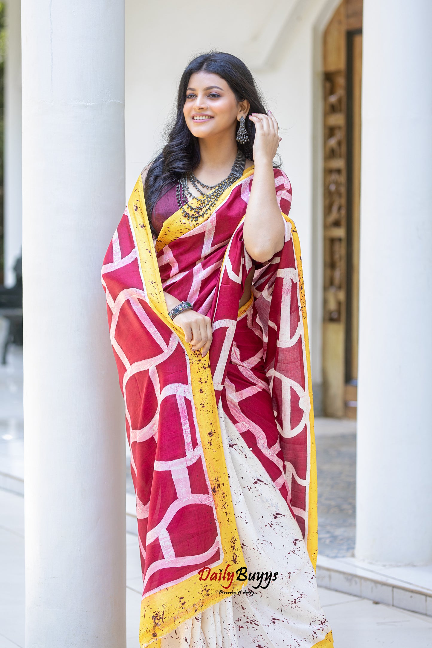 Red Wax Batik Block Printed Painted  Silk Mark Certified Bishnupuri Silk Sarees