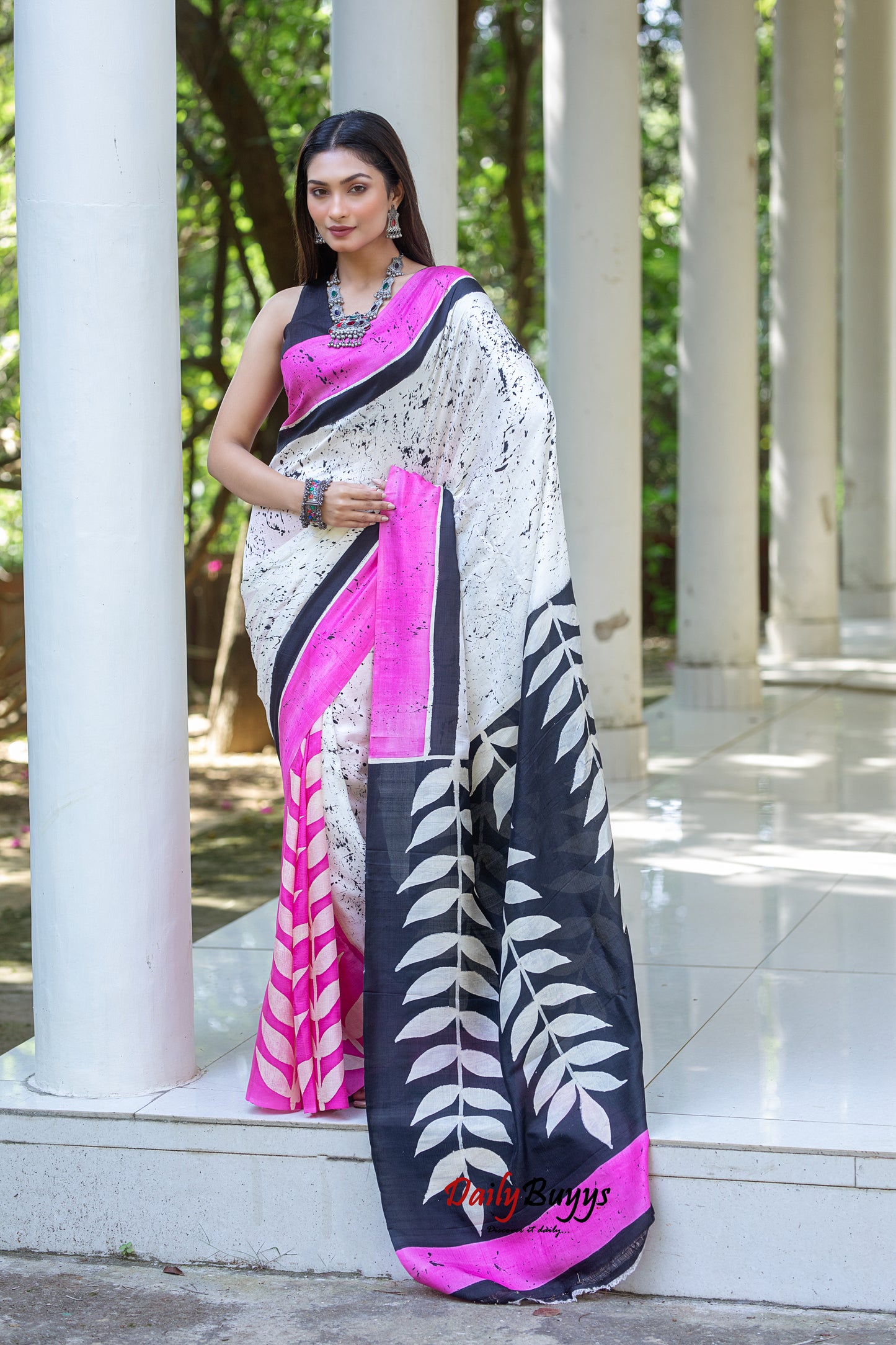 Pink Wax Batik Block Printed Painted Silk Mark Certified Bishnupuri Silk Sarees